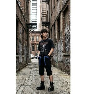 Hot Topic Mens Black Denim Shorts Blue Webbing Grommet Stud Goth Punk Size 30